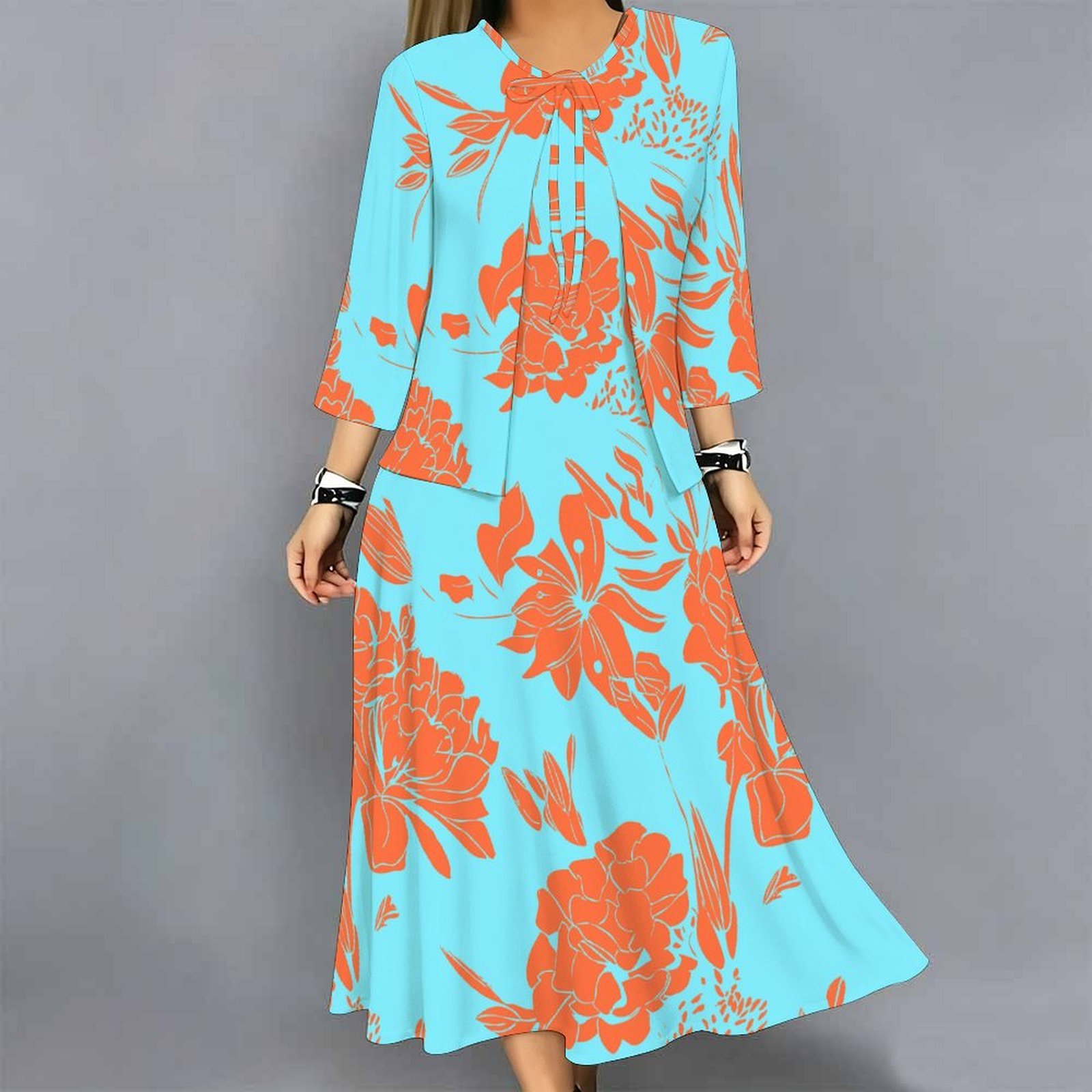Midi Skirt Floral - Setelan Gaun Wanita 2 Potong, Cardigan