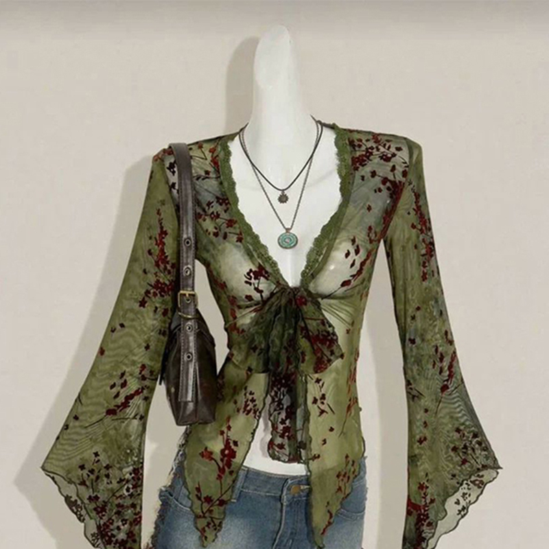Romper Floral Print - MEXZT Kemeja Jaring Bunga Vintage Wanita