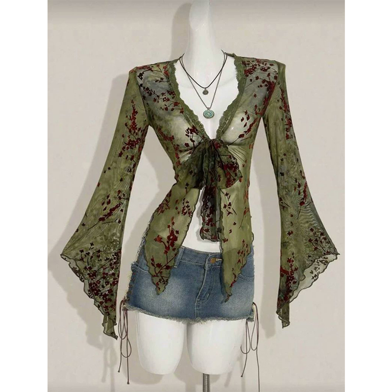 MEXZT Kemeja Jaring Bunga Vint - Romper Floral Print ulasan dan harga
