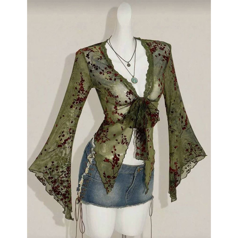 MEXZT Kemeja Jaring Bunga Vint - Romper Floral Print ulasan dan harga