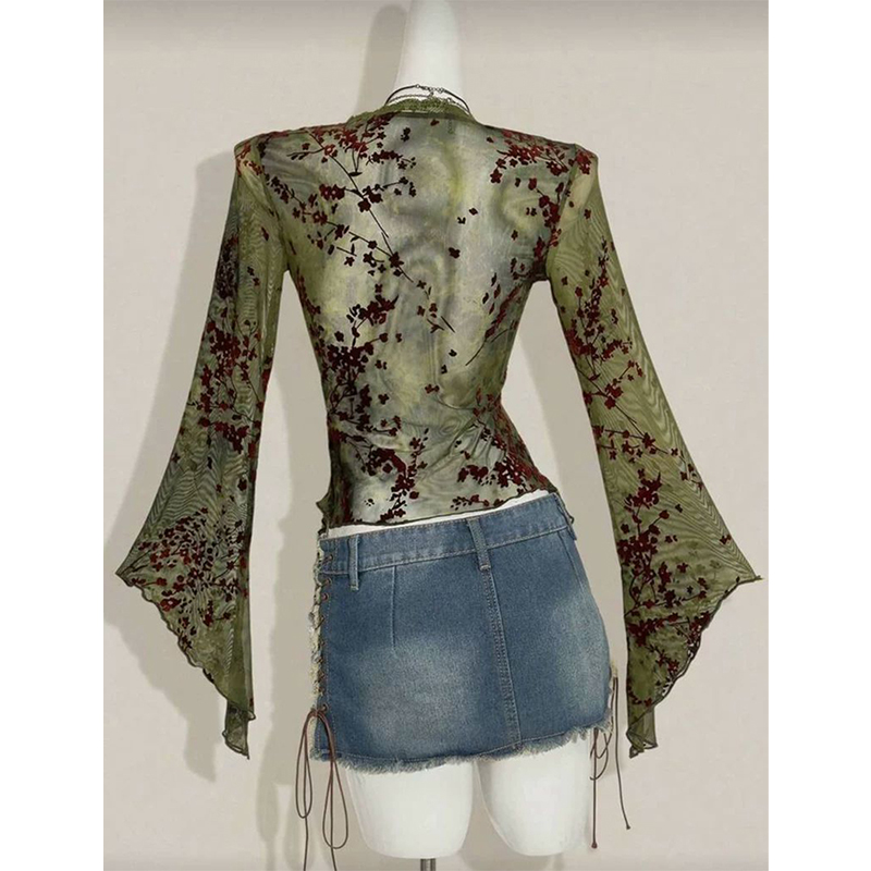 MEXZT Kemeja Jaring Bunga Vint - Romper Floral Print ulasan dan harga